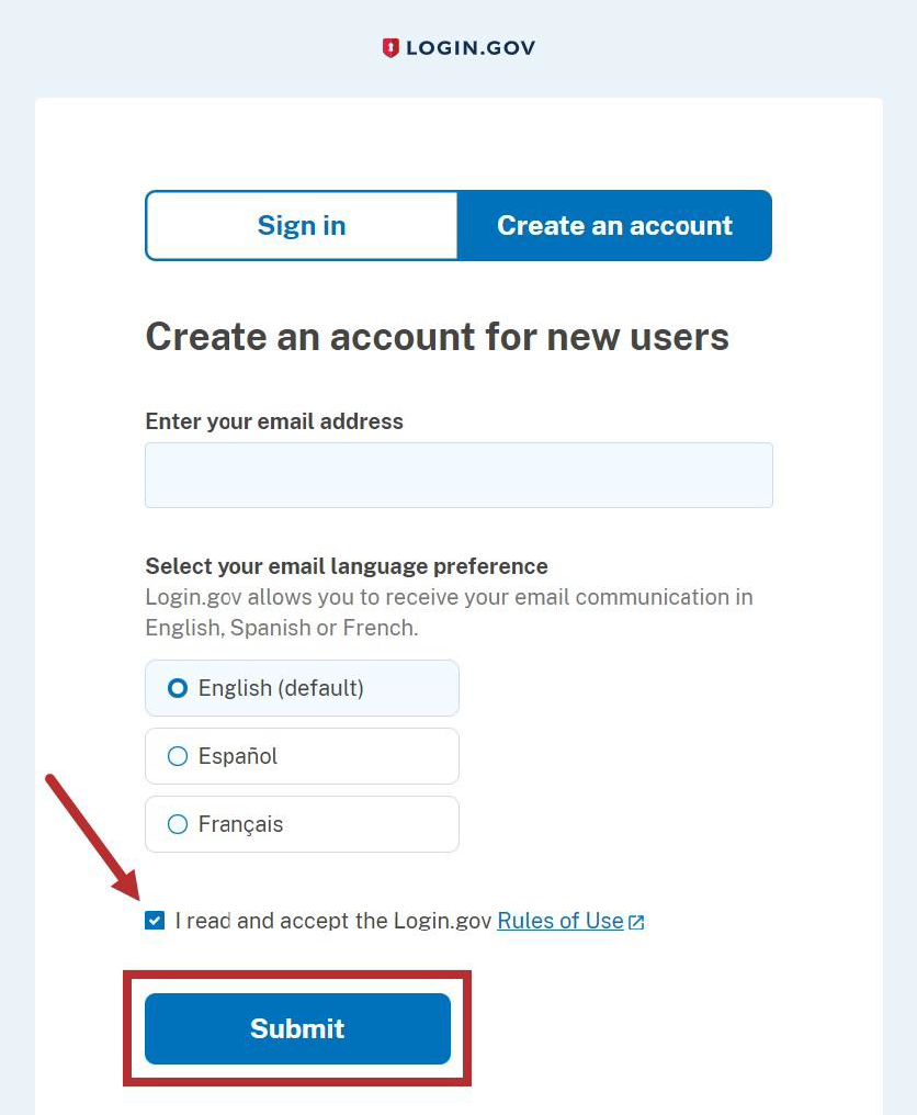 Login.gov Create an account screen with Rules of Use checkbox and Submit button
