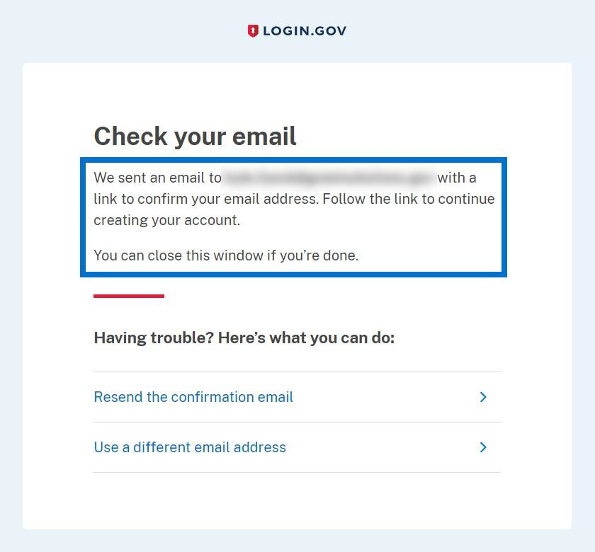 Login.gov Check your email screen with message