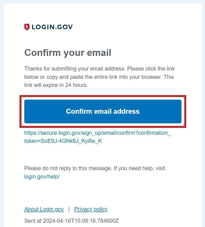 Confirm your email message with Confirm email address button and link