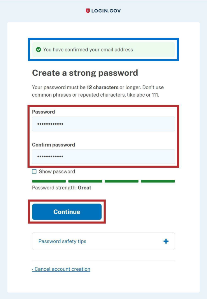 Login.gov Create a strong password screen with Password field, Confirm password field, and Continue button
