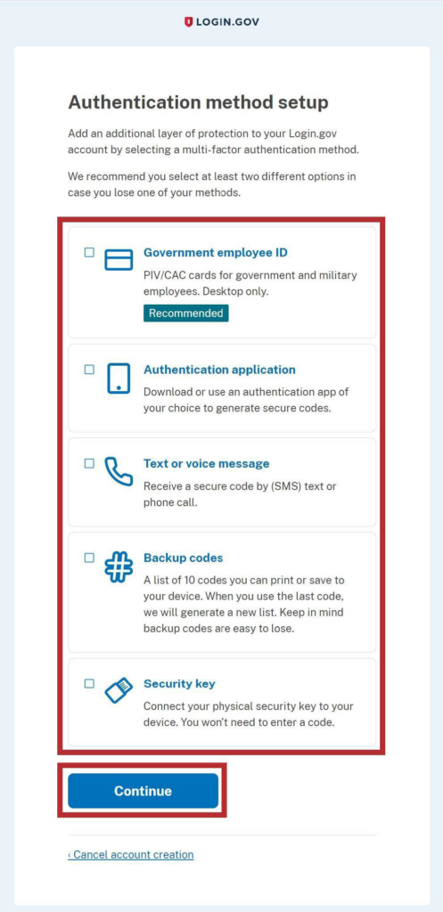 Login.gov Authentication method setup screen with authentication method options and Continue button