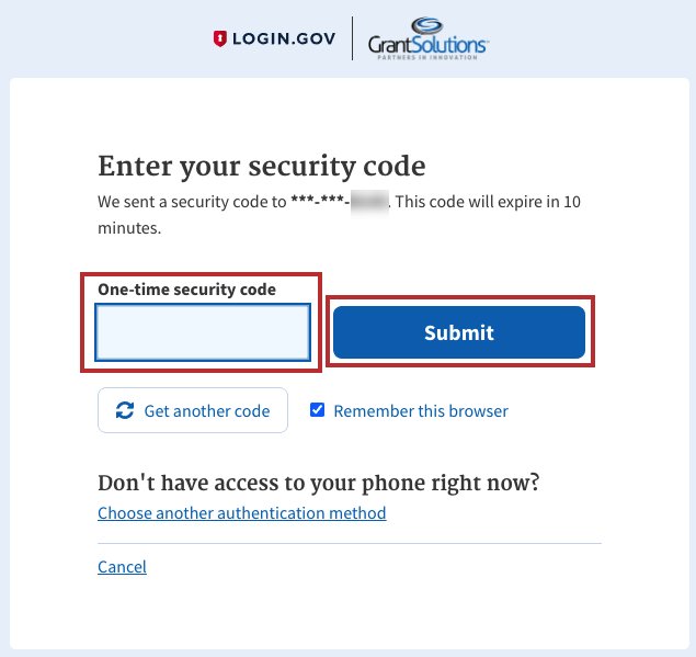 Enter your security code screen with Submit button