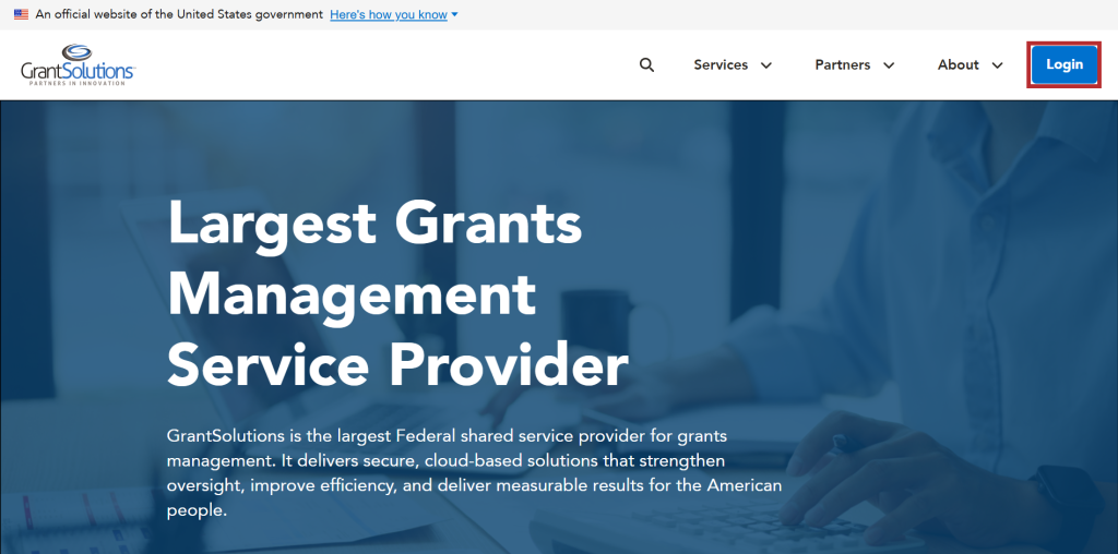 GrantSolutions Home page with Login button