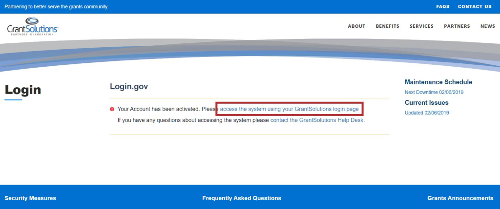 Login screen with access the system using your GrantSolutions login page hyperlink