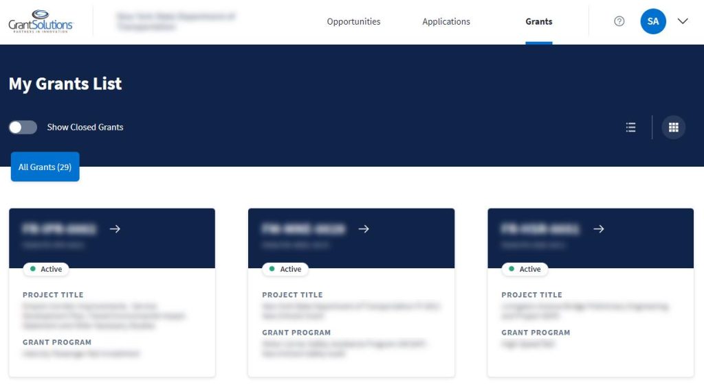 My Grants List screen