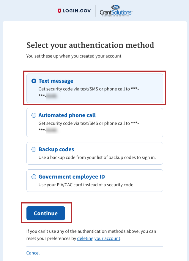 Select an Authentication method screen with text message option