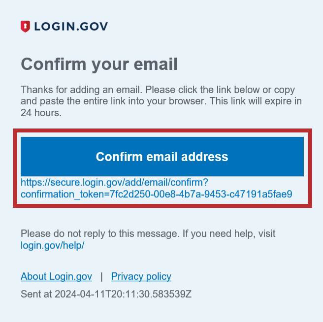 Email message with Confirm email address button and alternate link to use.