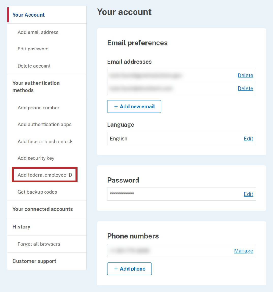 Login.gov Your account screen with Add federal employee ID button