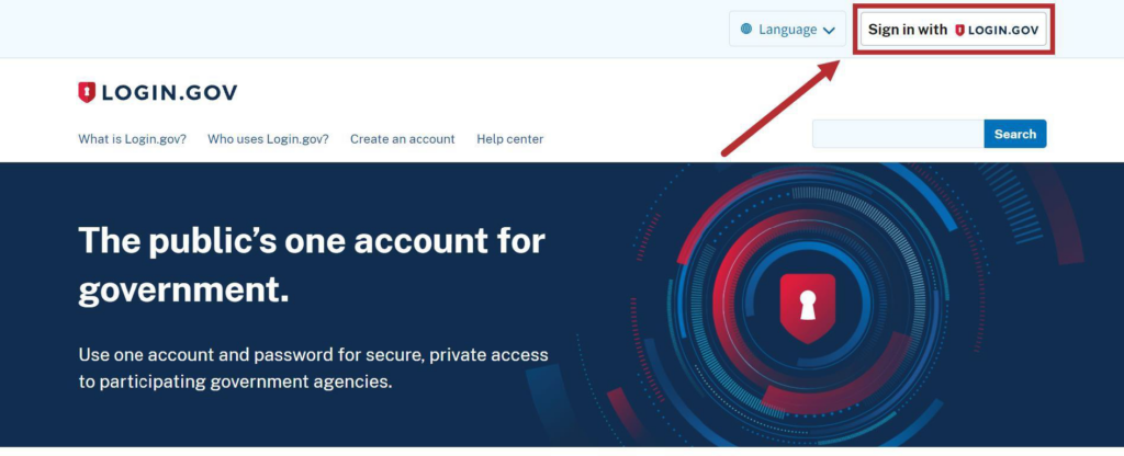 Login.gov Home screen with Sign in with Login.gov button