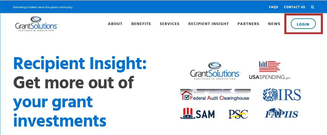 GrantSolutions Home screen with Login button.