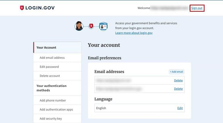 Login.gov Your account screen with Sign out link.