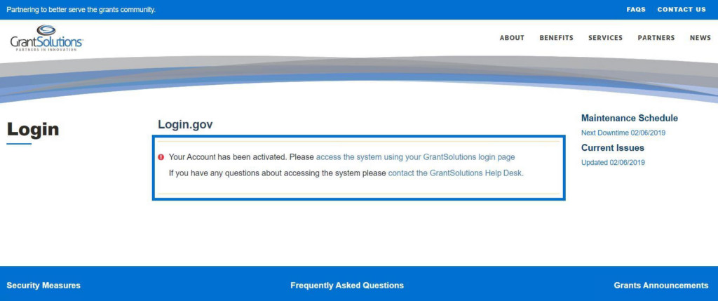 GrantSolutions Login screen with message