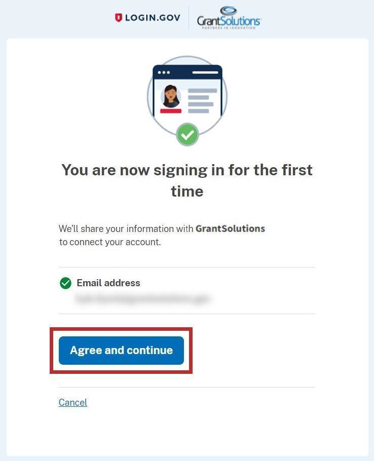Login.gov You are now signing in for the first time screen with Agree and continue button