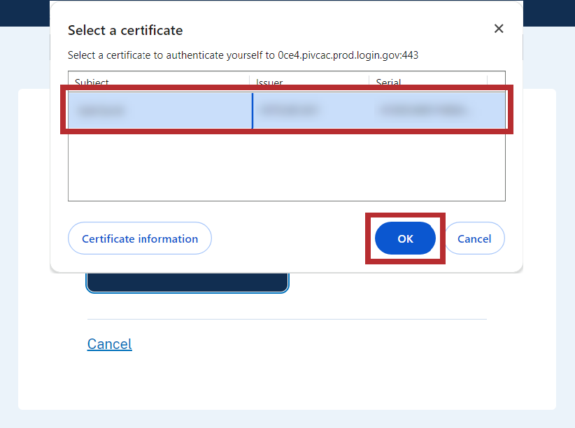 Browser window with PIV certificate and OK button