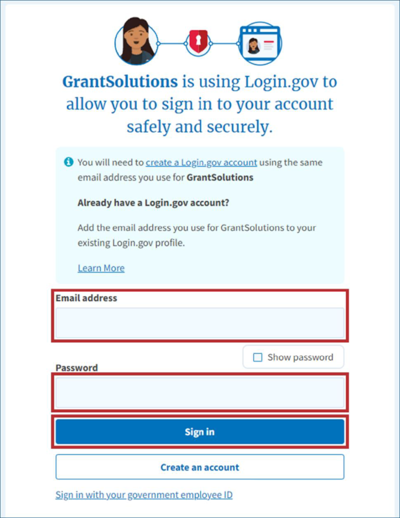 login.gov screen with email address and password fields